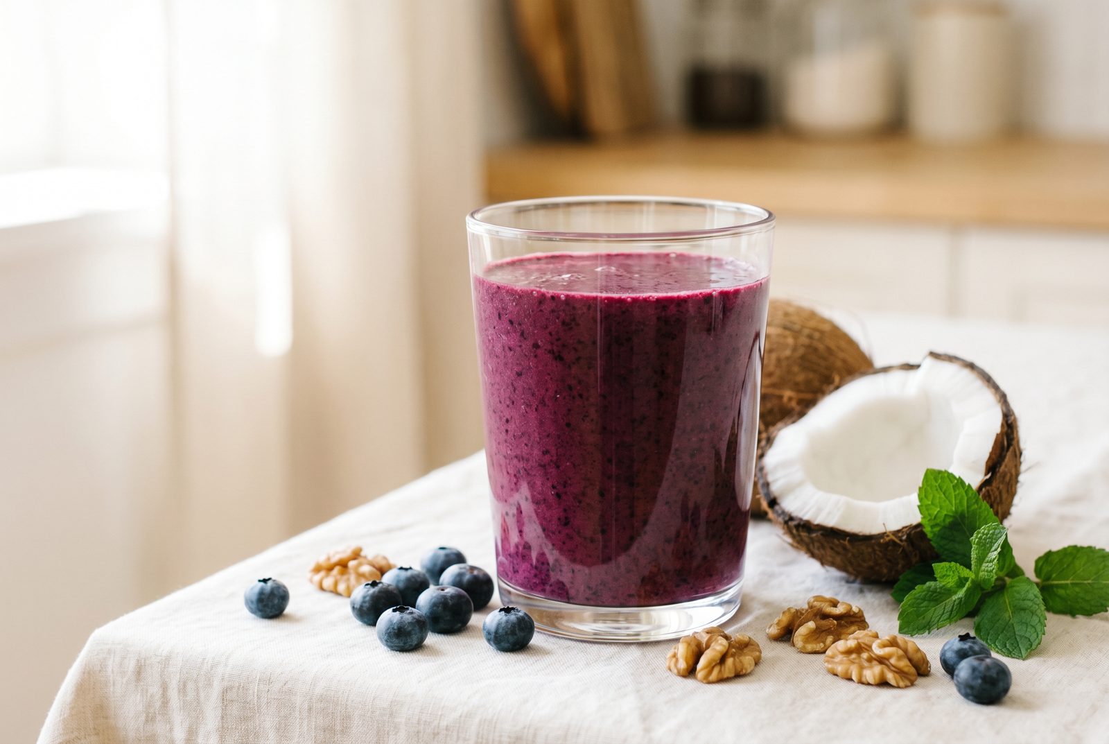 A deep-purple blueberry and walnut smoothie on a sunny marble kitchen counter